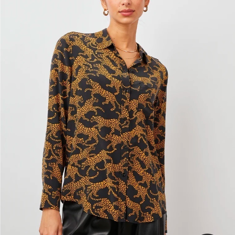 Rails 100% Silk Kate Shirt In Lynx Black/Yellow Coloring Animal Print SZ XS